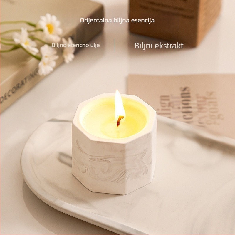 Aromatična svijeća u zdjeli od žbuke, tinta-stil dizajna, ambijentalni dekor spavaće sobe