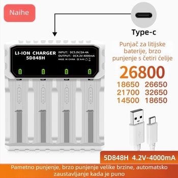 Punjač za litij baterije 26650, 18650, 26800 i 21700 — inteligentni punjač s četiri utora, Type-C priključak