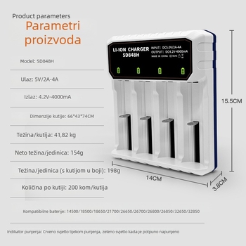 Punjač za litij baterije 26650, 18650, 26800 i 21700 — inteligentni punjač s četiri utora, Type-C priključak