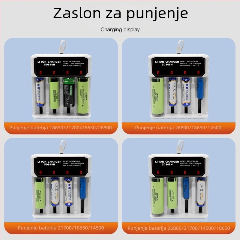 Punjač za litij baterije 26650, 18650, 26800 i 21700 — inteligentni punjač s četiri utora, Type-C priključak