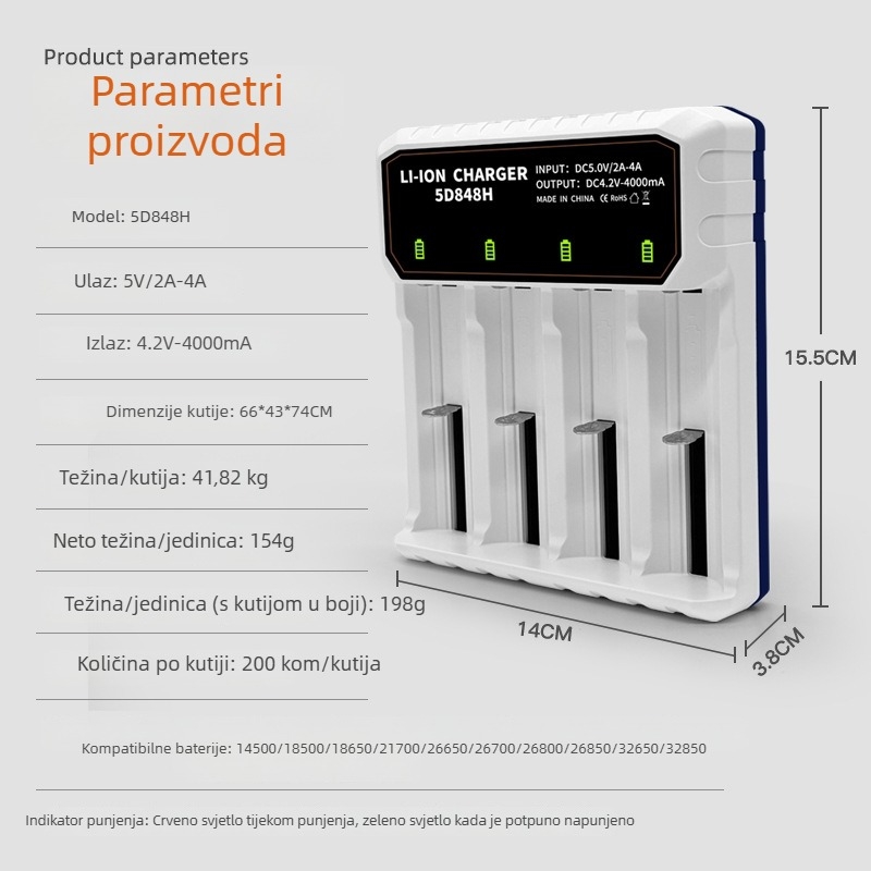 Punjač za litij baterije 26650, 18650, 26800 i 21700 — inteligentni punjač s četiri utora, Type-C priključak