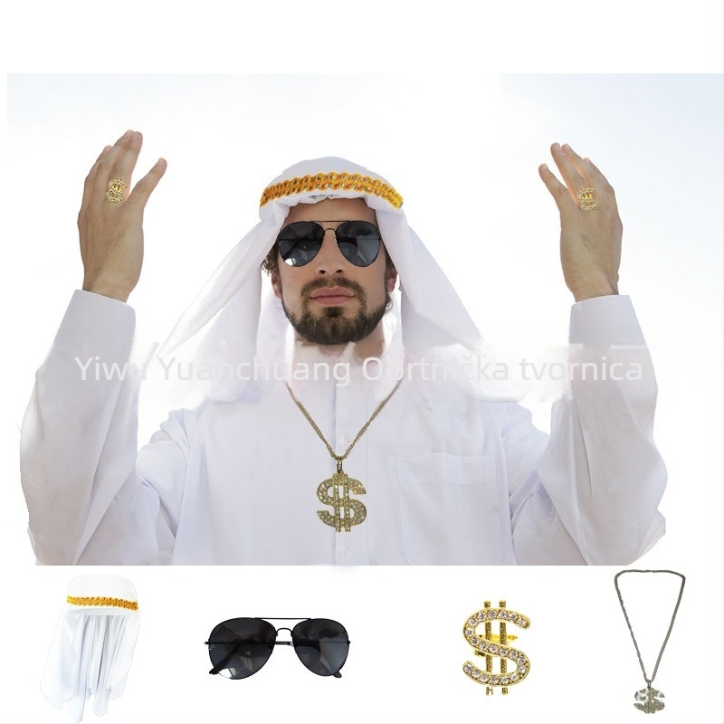 Festivalski rekviziti: šešir u arapskom stilu inspiriran Dubaiem, ogrlica s dolarom od legure, prsten s dolarom, set za bradu, šminka