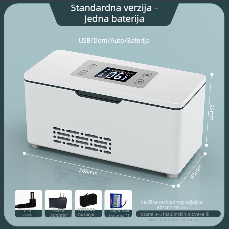 Prijenosni hladnjak za inzulin, hlađenje 0–18 °C, USB punjenje, za automobil i dom (12V/24V)