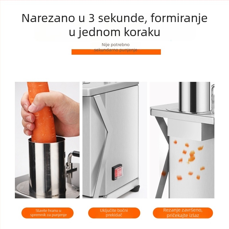 Kompaktni automatizirani stroj za sjeckanje voća i povrća na kockice, nehrđajući čelik, namijenjen komercijalnoj uporabi