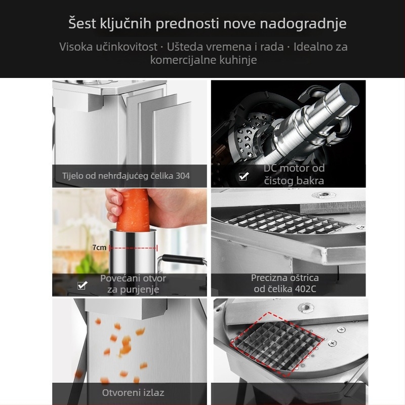 Kompaktni automatizirani stroj za sjeckanje voća i povrća na kockice, nehrđajući čelik, namijenjen komercijalnoj uporabi