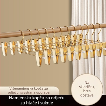 Zlatni metalni vješak za hlače za garderobu, s klipom za suknje, bez tragova