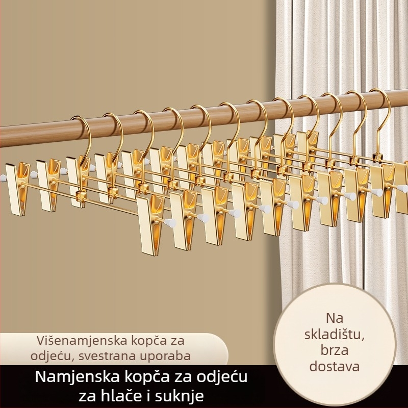 Zlatni metalni vješak za hlače za garderobu, s klipom za suknje, bez tragova