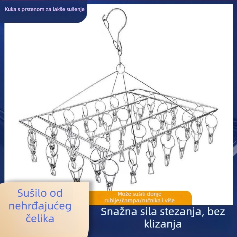 Stalak za sušenje od nehrđajućeg čelika s više klipsi za sušenje čarapa, kvadratni čvrsti stalak za kućnu upotrebu