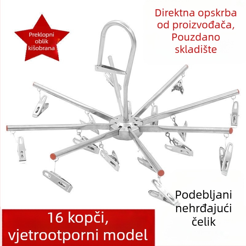 Debeli sklopivi prijenosni vješalica za sušenje odjeće, otporan na vjetar, od nehrđajućeg čelika, s 16 kvačicama
