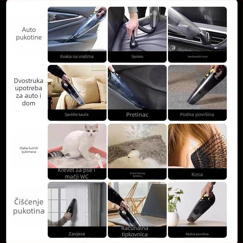 Pengrui Auto Mini usisivač – snažan usis, prijenosni ručni, punjivi, verzija s upaljačem za cigarete, mjerenje tlaka u gumama