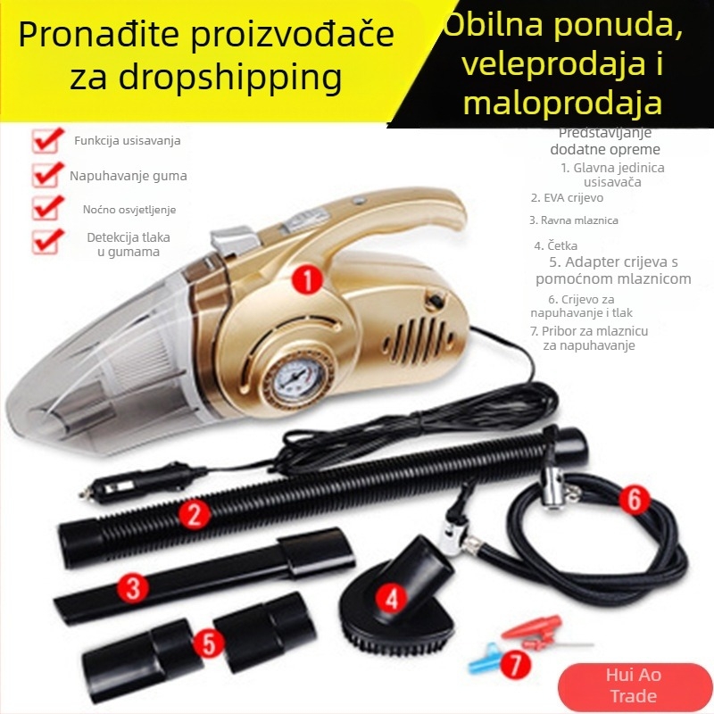 Automobilski usisavač 12V, mokro i suho, višefunkcijski s pumpom zraka, 4u1