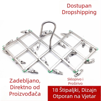 Nehrđajući čelični sklopivi stalak za sušenje rublja s 18 klipova, otporan na vjetar; za odjeću, ručnike, cipele i pelene