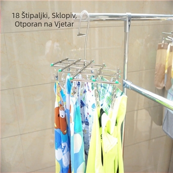 Nehrđajući čelični sklopivi stalak za sušenje rublja s 18 klipova, otporan na vjetar; za odjeću, ručnike, cipele i pelene