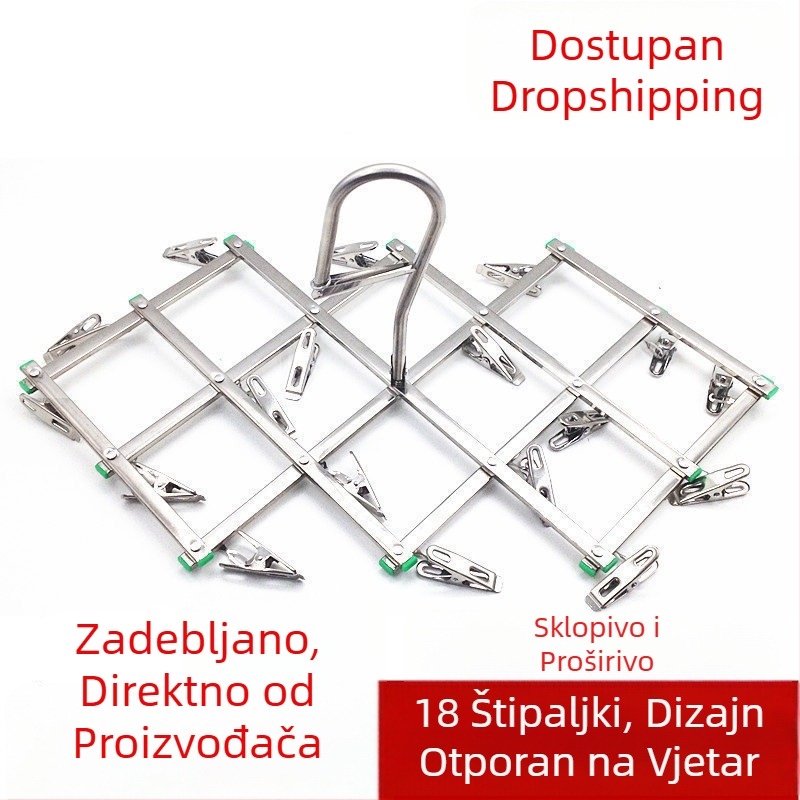 Nehrđajući čelični sklopivi stalak za sušenje rublja s 18 klipova, otporan na vjetar; za odjeću, ručnike, cipele i pelene