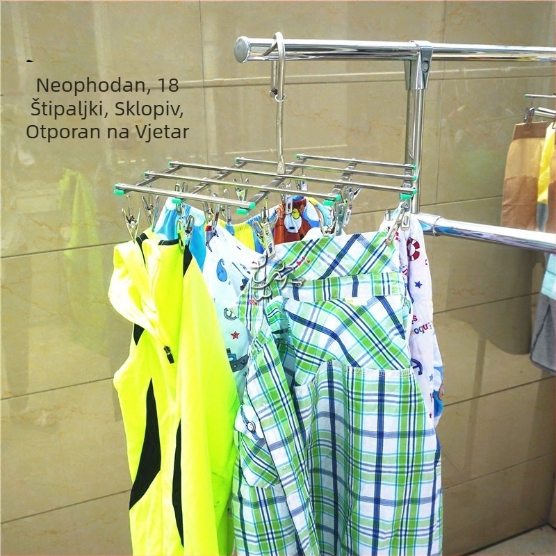 Nehrđajući čelični sklopivi stalak za sušenje rublja s 18 klipova, otporan na vjetar; za odjeću, ručnike, cipele i pelene