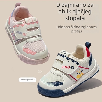 Jingqi dječje cipele za hodanje 2025. jesen – mekana potplata, prozračne, protiv klizanja, zatvaranje na čičak (Velcro), niski gornji dio, za djecu 12–36 mjeseci, s motivom crtića