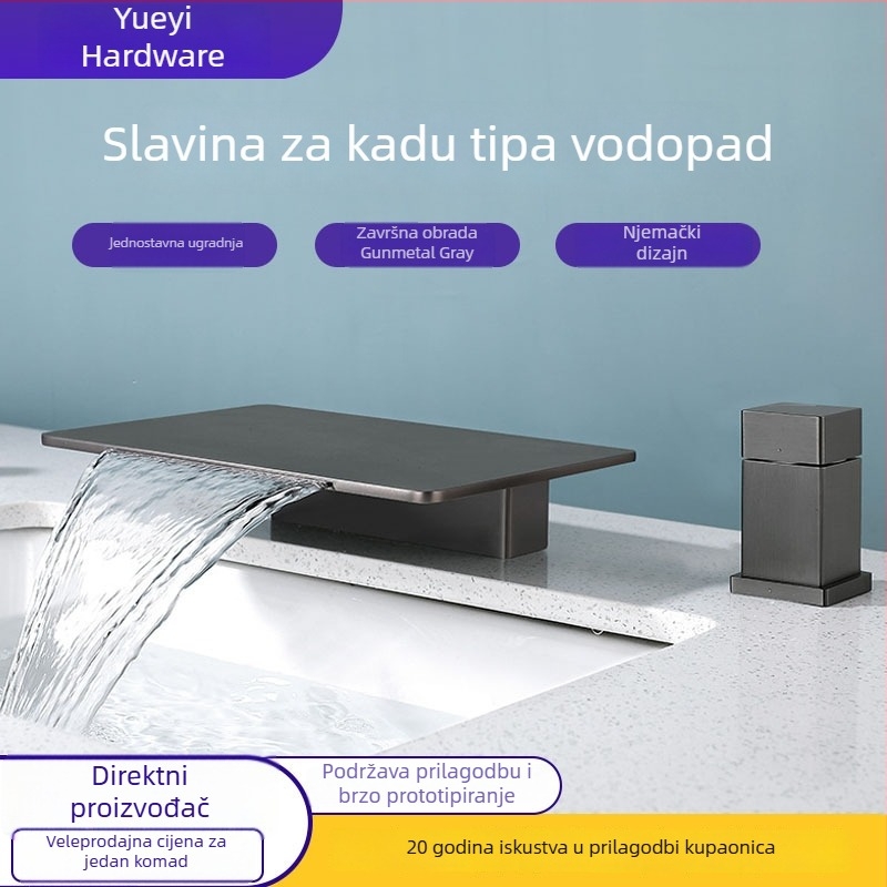 Kaskadna kamenasta ploča za kadu, visok protok, dvostruka kontrola tople i hladne vode, ravna ploča s dva otvora, dvodjelni set