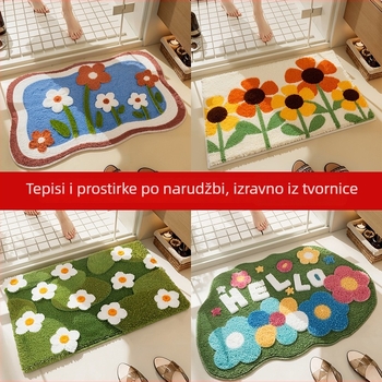 Prilagođena flokirana kupaonska prostirka, debeli, upija vlagu, protuklizna, kvadratna, otisak biljaka i cvijeća, dimenzije 40×60 cm ili 50×80 cm