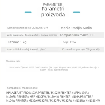 Meijiayin kompatibilni HP CF218A toner kaseta za M132a, M132snw, M132fp i bubanj M104a