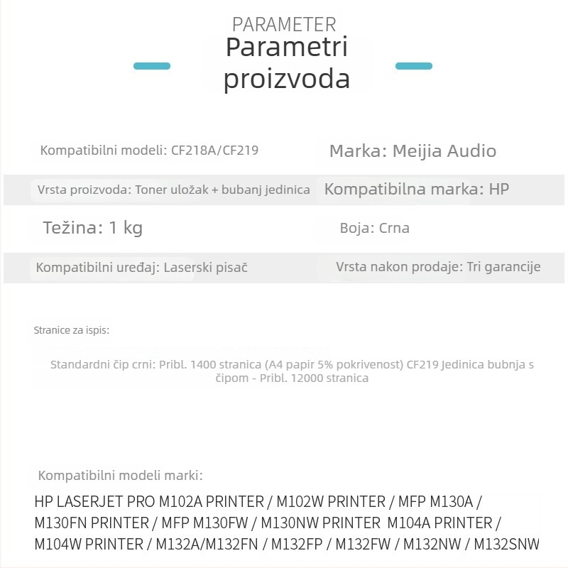 Meijiayin kompatibilni HP CF218A toner kaseta za M132a, M132snw, M132fp i bubanj M104a