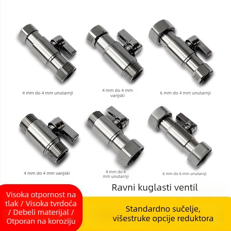 304 nehrđajući čelik, reduktor cijevi od 1/2 in do 3/4 in, spoj s vanjskim navojem, dvostruko spoj, kuglasti ventil za toplu i hladnu vodu, prekidač bojlera