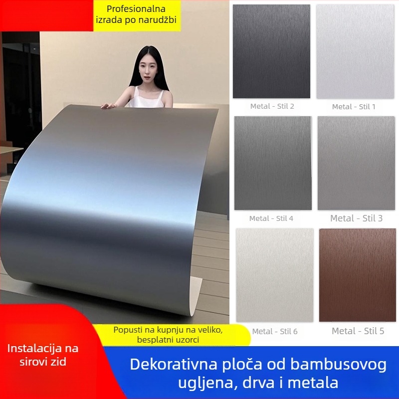 Dekorativni metalni zidni panel s bambusovim ugljenom i drvetom, ploča karbonskih kristala, brušena površina, karbonsko zlatni završetak