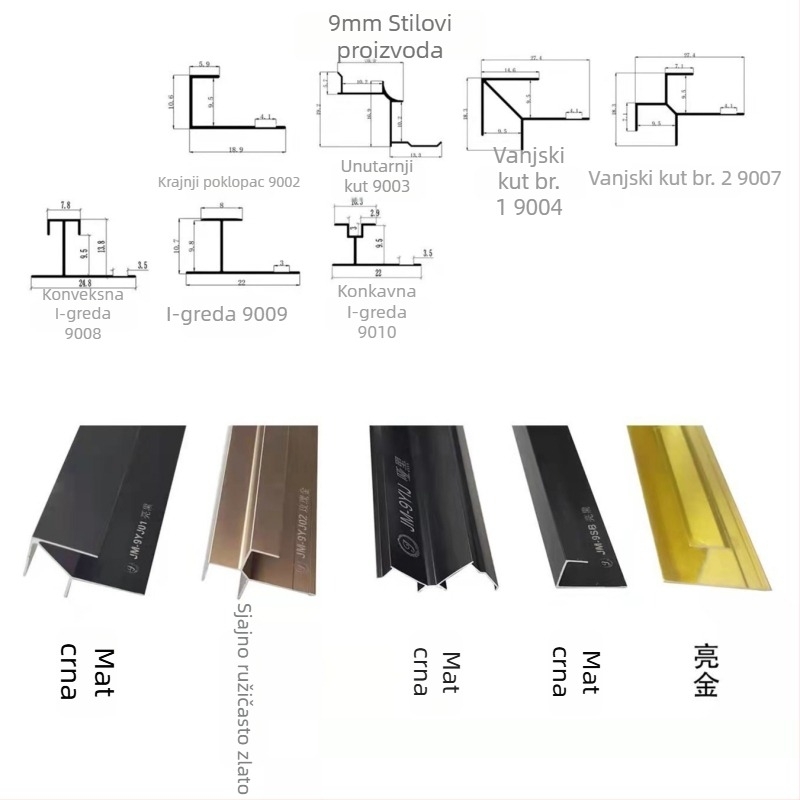 9 mm rubni trak za zidni panel s furniranim drvetom, dekorativni aluminijski profil, I‑oblik linija, kvadratni Yin–Yang kutni trak
