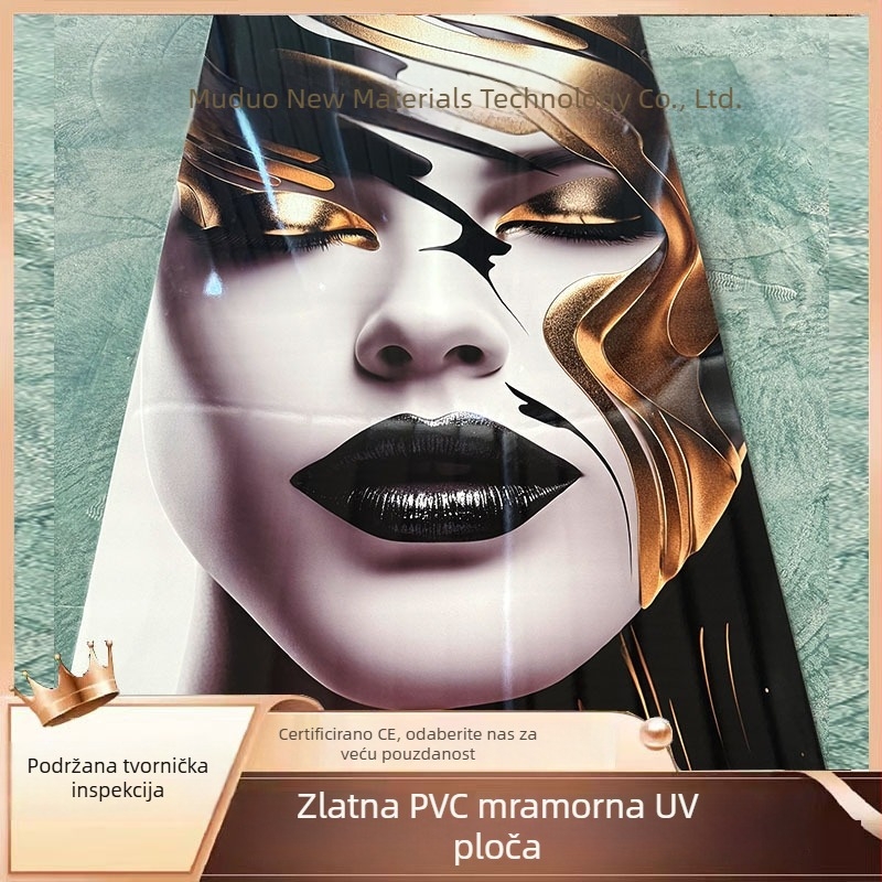 PVC zidni paneli 3D, šareni zlatno-mramorni uzorak, visok sjaj UV, bezšivne pozadine za unutarnje uređenje, ploča karbonskog kristala