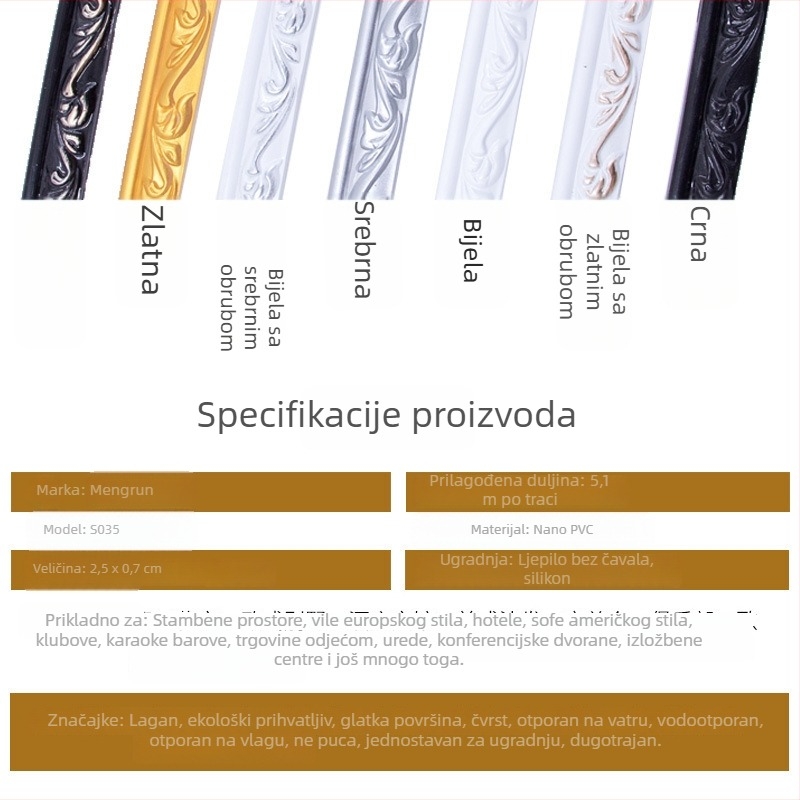 Nova 2,5 cm PVC mekani dekorativni profil s elementima PU i gipsa za okvire, stropove i ogledala