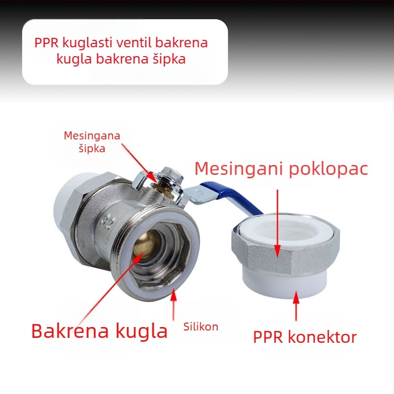 PPR dvostruki spoj bakreni kuglasti ventil za zavarivanje, ručno upravljanje, veličine 20/25/32