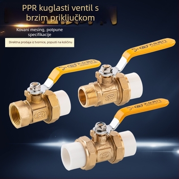 Mesingova kuglasta slavina s dvostrukim spojem za PPR cijevi, unutarnji i vanjski navoj, dvosmjerni tok