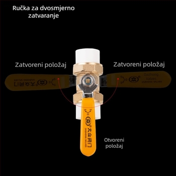 Mesingova kuglasta slavina s dvostrukim spojem za PPR cijevi, unutarnji i vanjski navoj, dvosmjerni tok