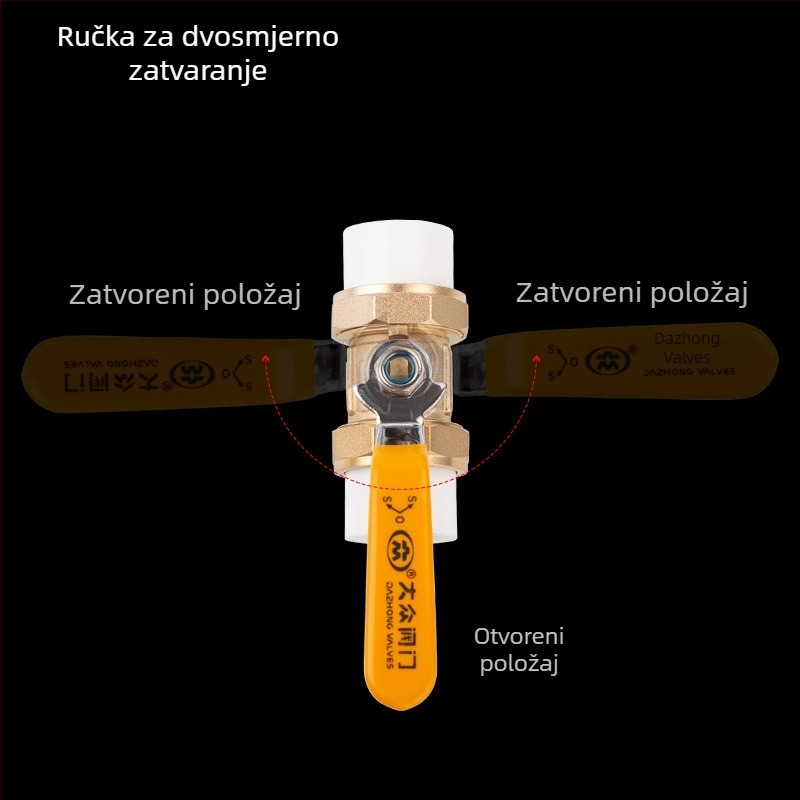 Mesingova kuglasta slavina s dvostrukim spojem za PPR cijevi, unutarnji i vanjski navoj, dvosmjerni tok