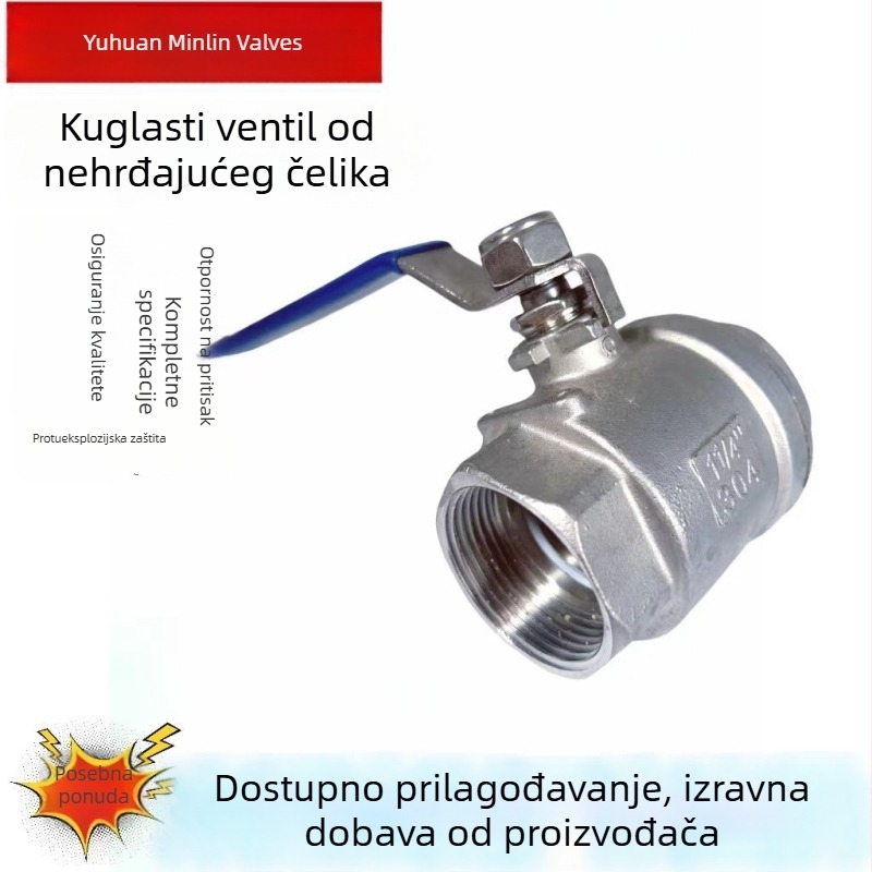 Nerđajući čelični kuglasti ventil 201/304, unutarnji navoj, dvodijelni, za vodovodnu cijev, veličine 1/2 in, 3/4 in, 1 in