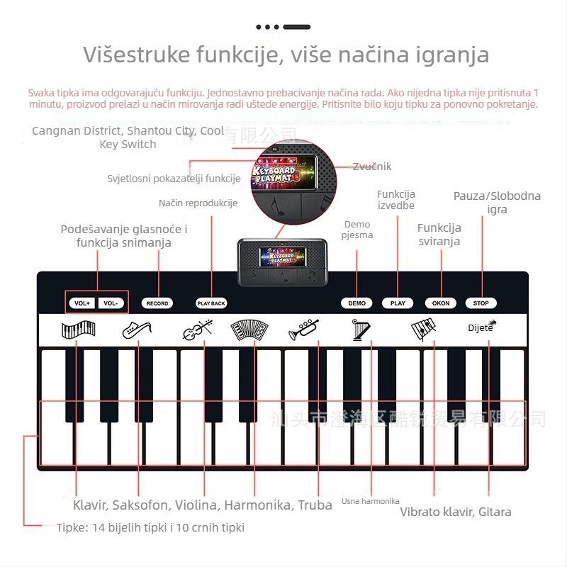 180×72 cm dječji pedalni klavirski tepih, veliki plesni tepih za učenje hodanja i puzanja, glazbena interaktivna igračka