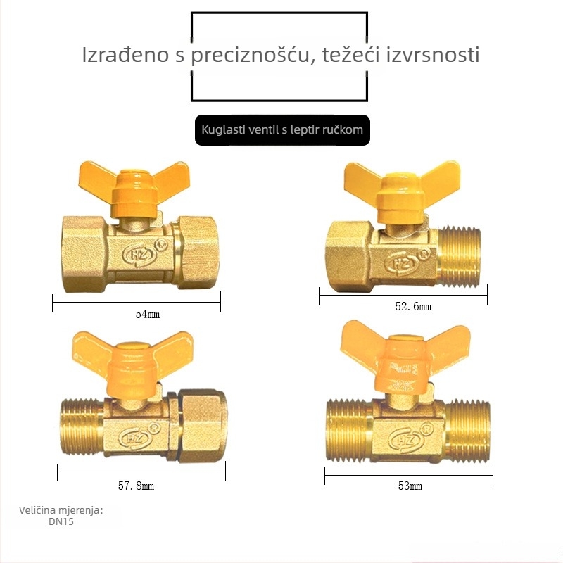 Mesing kuglični plinski ventil DN15, ručni, ravni tok, unutarnje i vanjske navoje, leptir ručka