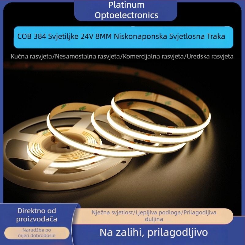 COB LED trak 24V, 384 LED, širina 8 mm, fleksibilan, visoka svjetlina, bez treptanja, za inženjersko i kućno osvjetljenje, prilagodljiv, 90 CRI, 10 W/m, vijek 50 000 h