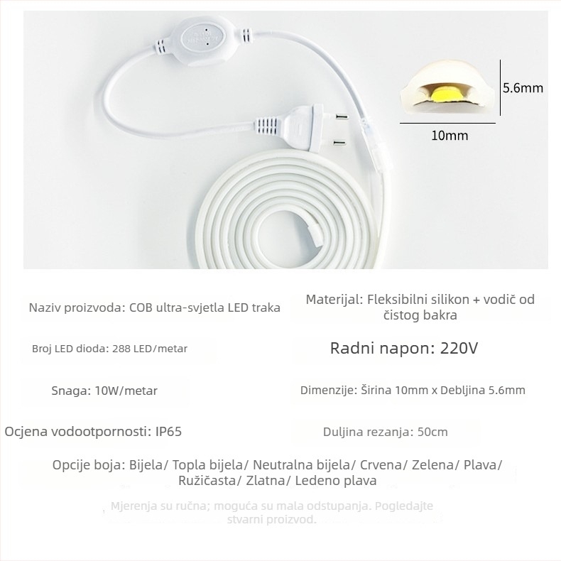 LED traka 220V, vodootporna, samoljepljiva COB traka za ambijentalno osvjetljenje stropa u domu