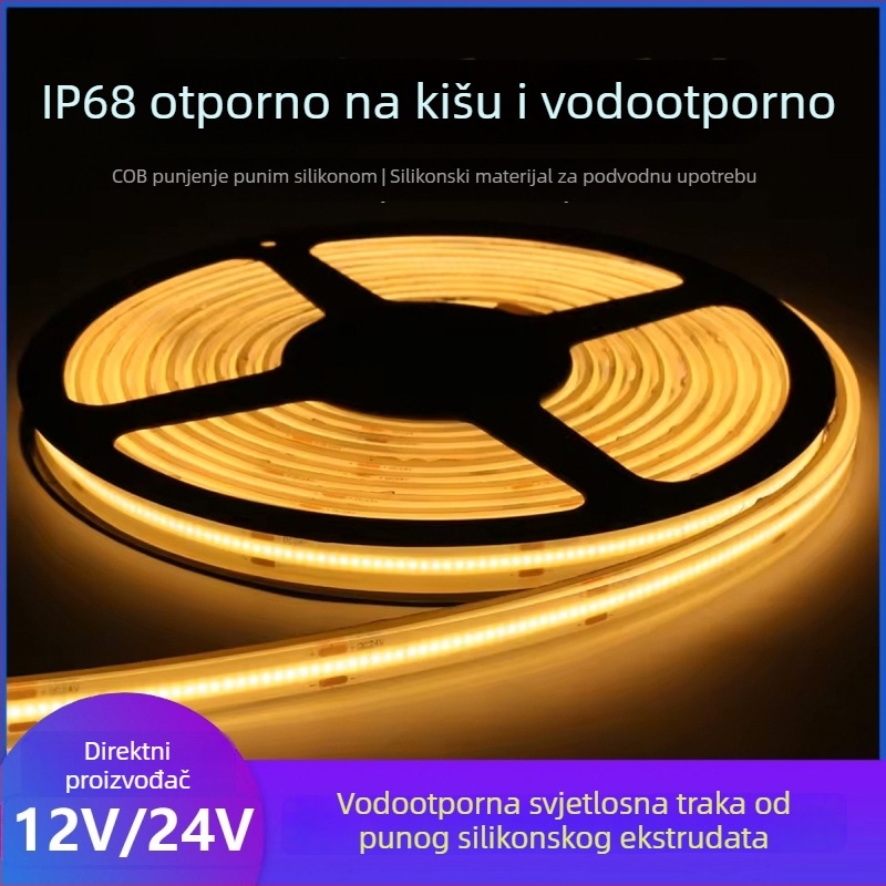 Vanjska vodootporna COB LED traka – čvrsto ispunjena epoksidom, niske napetosti, ultra-sjajna, bez tamnih mrlja, fleksibilna ekstrudirana LED traka