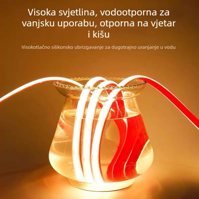 24V vodootporna COB LED traka za vanjsku upotrebu – jezero, bazen i dvorište, ispunjena ljepilom, IP68, fleksibilna, bez tamnih zona