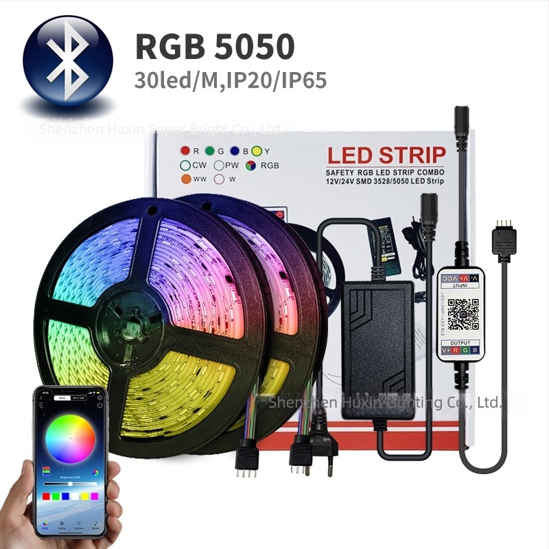 5050 LED trak s Bluetooth aplikacijom, bežični paket, epoksidnim premazom, vodootporan, višebojan, 12V fleksibilna svjetlosna traka s glazbom