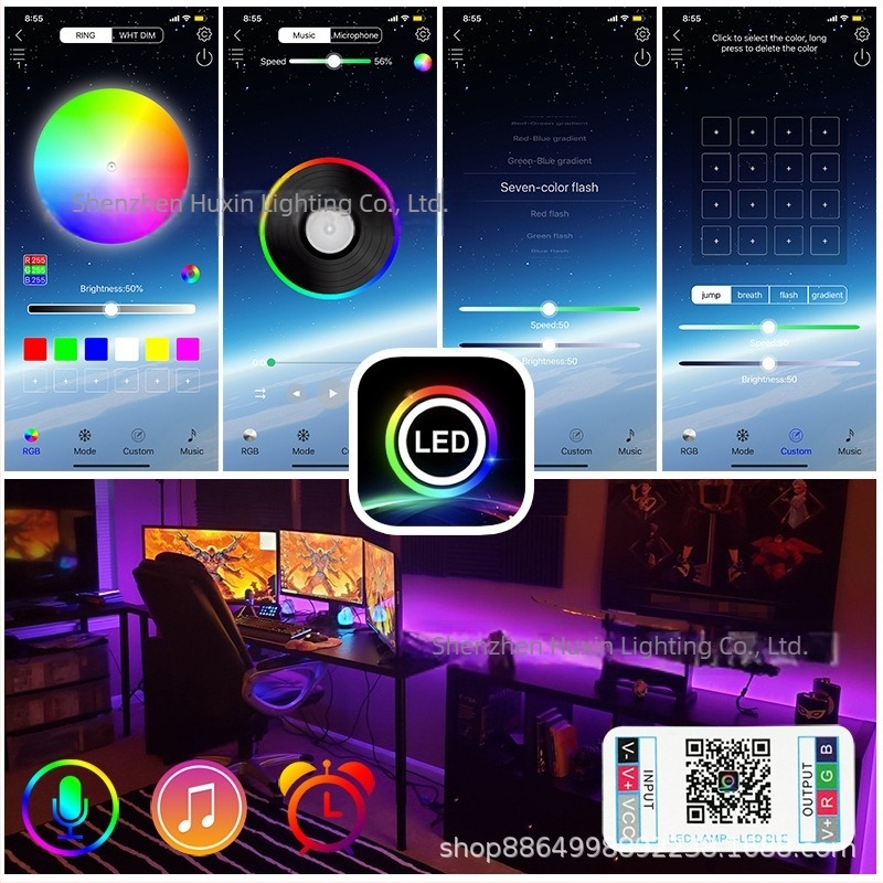 5050 LED trak s Bluetooth aplikacijom, bežični paket, epoksidnim premazom, vodootporan, višebojan, 12V fleksibilna svjetlosna traka s glazbom