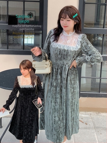 K2591 Plus‑size duga haljina od čipke i velura, A‑linija, jesen-zima, francuski retro sanjivi stil
