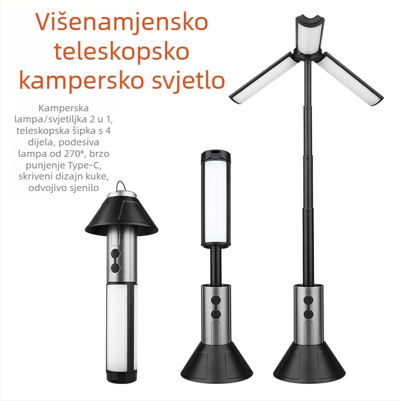 Vanjska višenamjenska produživa kamping lampa, 270° podesiva, podna ambijentalna rasvjeta s visokim jas LED
