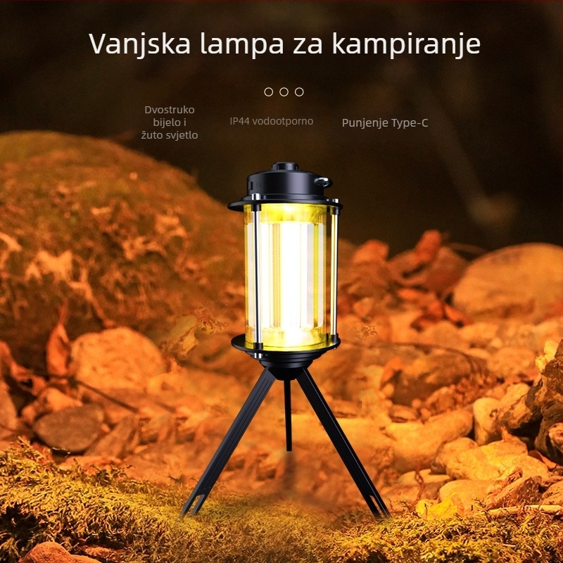 Višenamjensko vanjsko vodootporno svjetlo za kampiranje s dvostrukom bijelom i žutom svjetlošću, Type-C punjenje, prenosno.