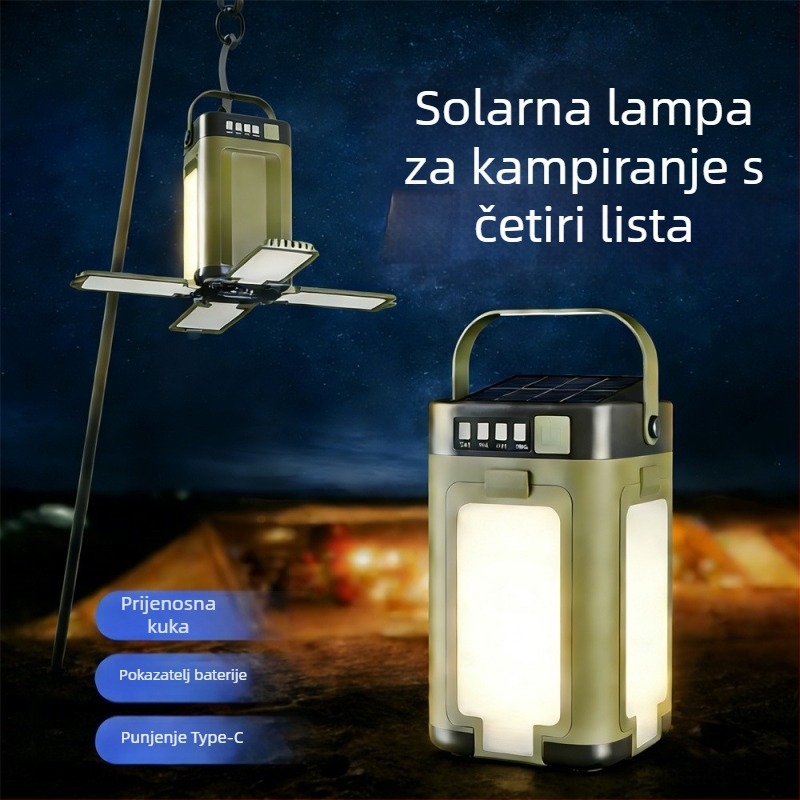 Vanjska solarna kamping svjetiljka, četvero-listni sklopivi dizajn, višerazinsko podešavanje jačine, atmosfersko osvjetljenje šatora, prijenosna punjiva svjetiljka za nužne situacije