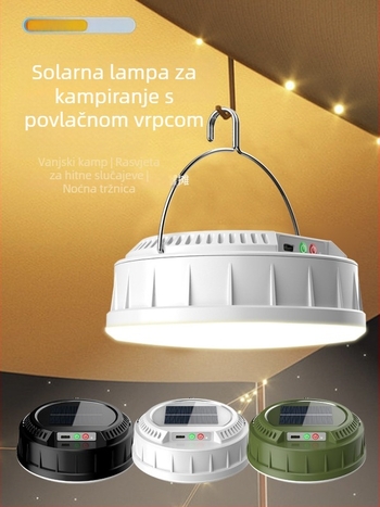 Solarna kamping lampa s punjivim LED-om, vanjsko ambijentalno osvjetljenje i lampica za nužne situacije, šarene LED niti svjetla, mjerač i prostor za skladištenje lampe za šator
