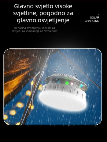 Solarna kamping lampa s punjivim LED-om, vanjsko ambijentalno osvjetljenje i lampica za nužne situacije, šarene LED niti svjetla, mjerač i prostor za skladištenje lampe za šator