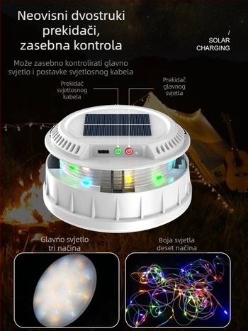 Solarna kamping lampa s punjivim LED-om, vanjsko ambijentalno osvjetljenje i lampica za nužne situacije, šarene LED niti svjetla, mjerač i prostor za skladištenje lampe za šator