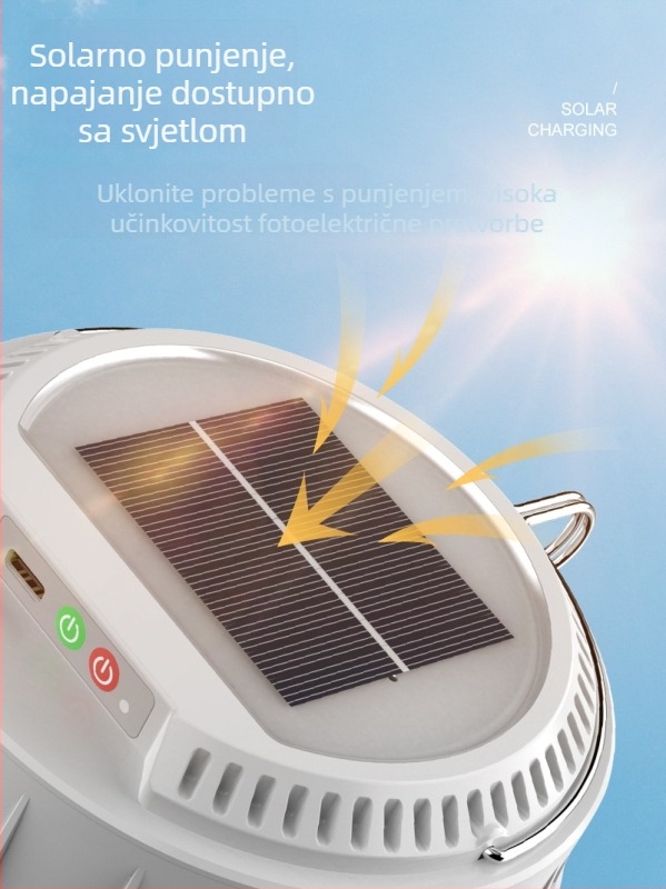 Solarna kamping lampa s punjivim LED-om, vanjsko ambijentalno osvjetljenje i lampica za nužne situacije, šarene LED niti svjetla, mjerač i prostor za skladištenje lampe za šator